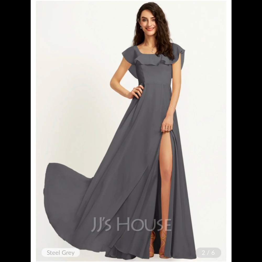 JJ’S House A-Line Square Neckline Grey Floor-Length Bridesmaid Maxi Dress